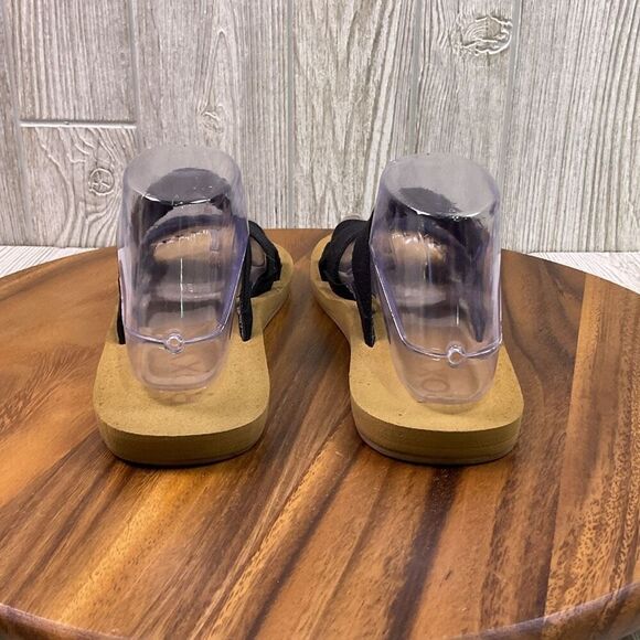 Roxy Women's 8.5 Open Toe Tan Black Cork Canvas Sandals Slides Beach - Picture 5 of 9